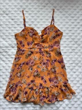 Saints + Secrets Orange Purple Floral Ruffle Hem Mini Dress Size L